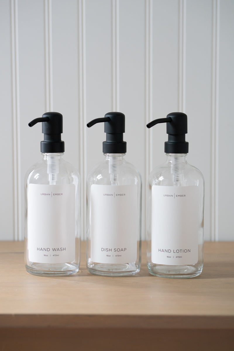 Modern Collection - Clear Glass with Black Hand Soap, Dish Soap, Soap –  Urban Ember