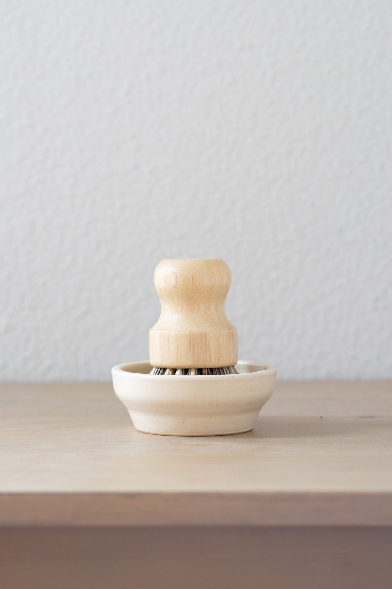 Handcrafted Pedestal Ceramic Dish and Wood Pot Brush Set