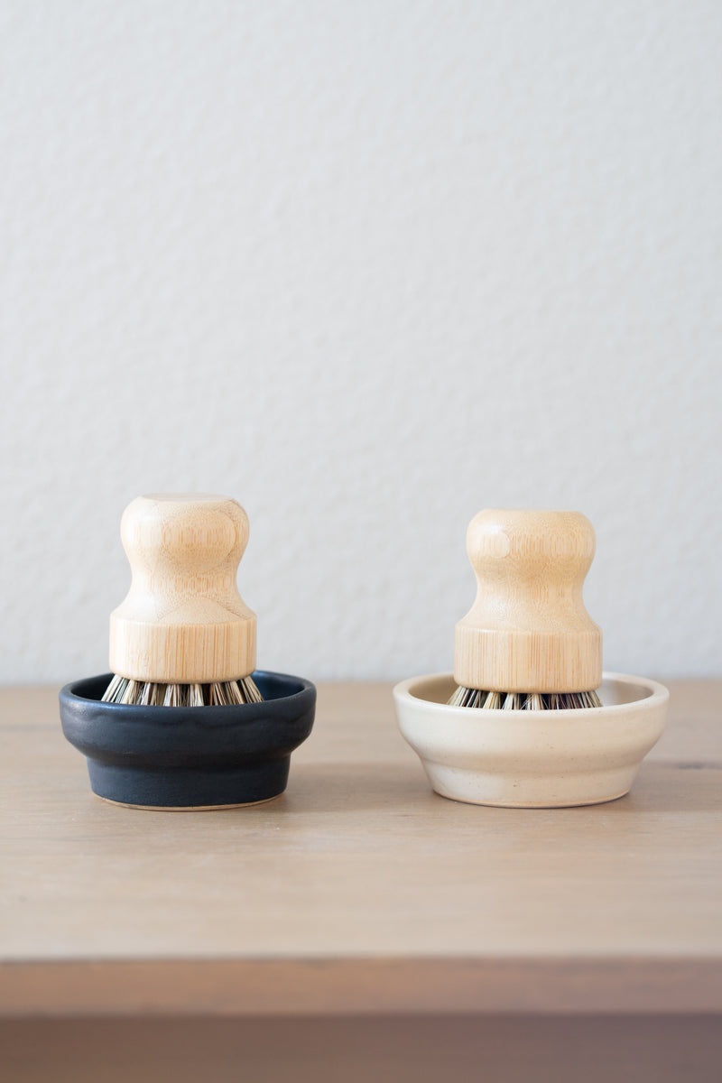 Carved dish brush holder with classic double base – Remake Ceramics