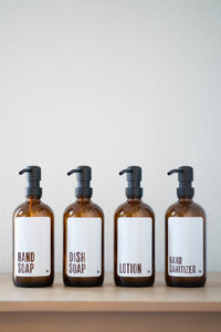 Glass hand soap, dish soap and lotion dispensers