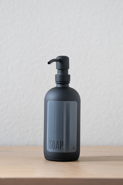 Refillable matte black kitchen or bathroom soap dispenser with metal pump