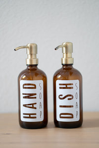 Amber hand soap and dish soap bottle with brass metal pump