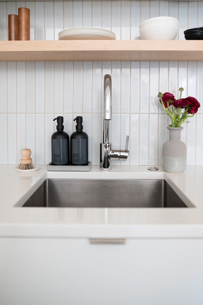 Minimalist refillable glass matte black hand and dish soap dispensers