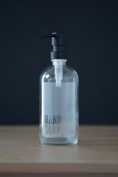 Etched glass hand soap bottle with metal pump
