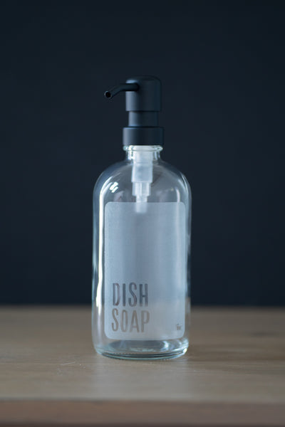 Etched Glass dish soap bottle with black metal pump