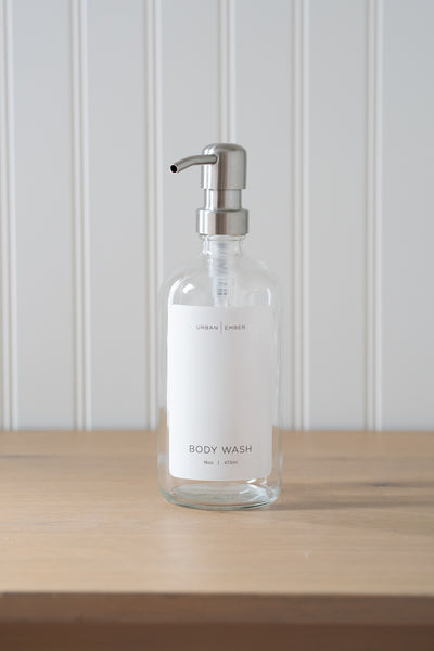 Minimalist Collection - Clear Glass White Shampoo, Conditioner, or Body Wash Dispenser