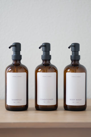 Amber glass shampoo, conditioner and body wash bottles